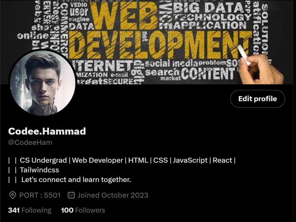 CodeeHammad's tweet image. Thank you very much!
Just hit 100 followers after a patient 4-month journey. Grateful for each one of you! Let’s keep this momentum going!