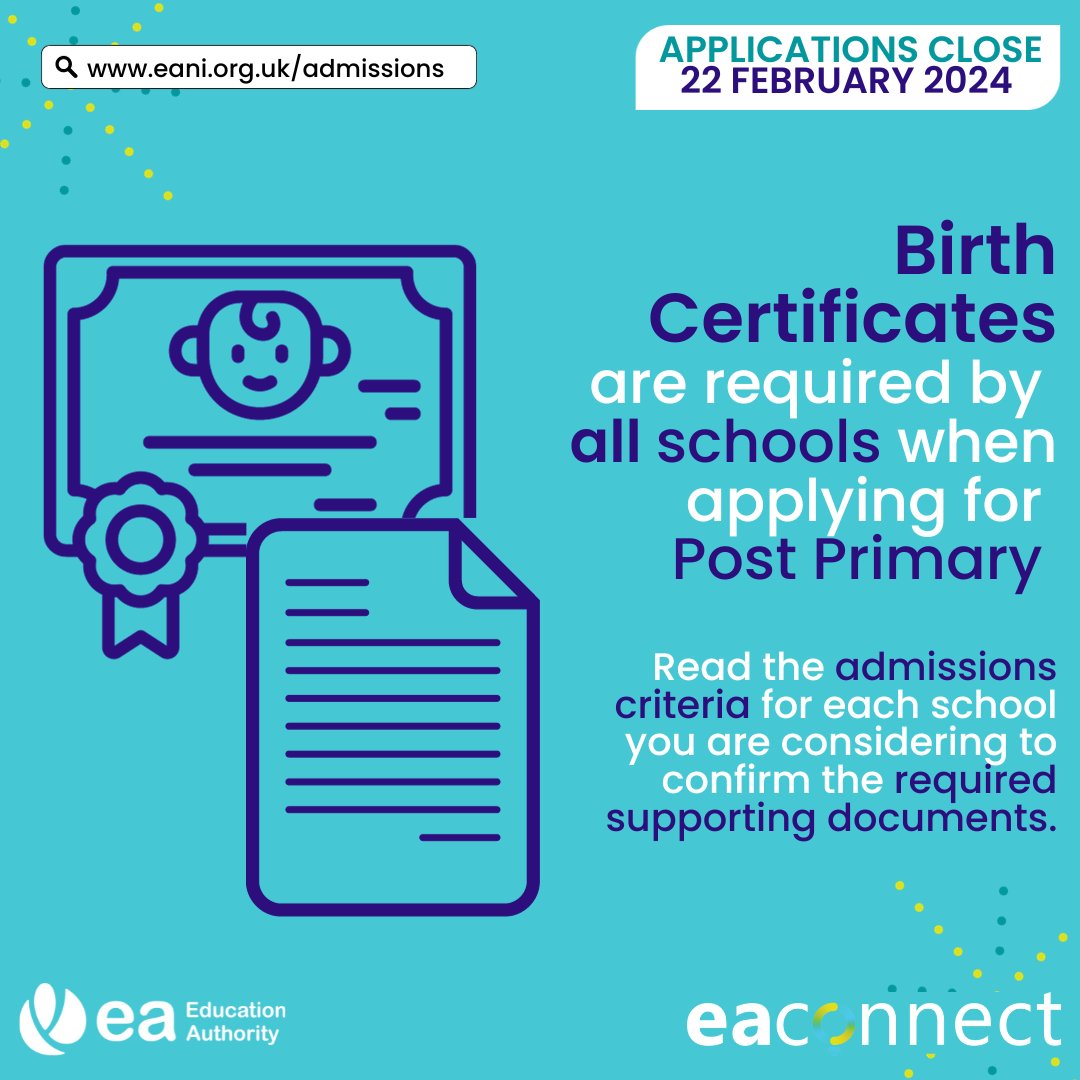 Ed_Authority's tweet photo. All schools require a birth certificate to be submitted with your post primary application. 

Please read the admissions criteria for each school you are considering, to confirm what supporting docs are required.

For more info: https://t.co/yNaSoyG8hS  

#EAadmissions https://t.co/NoKnI5A5vg