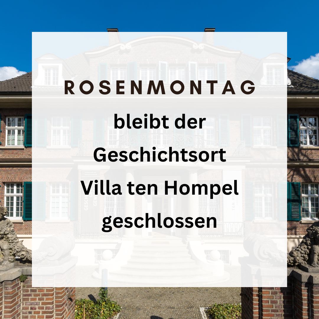 Am Rosenmontag, 12. Februar, bleibt die Villa ten Hompel geschlossen. Ab Dienstag, 13. Februar, sind wir wieder telefonisch zu erreichen. Am Mittwoch, 14. Februar, ist auch die Ausstellung wieder regulär zu besichtigen.
