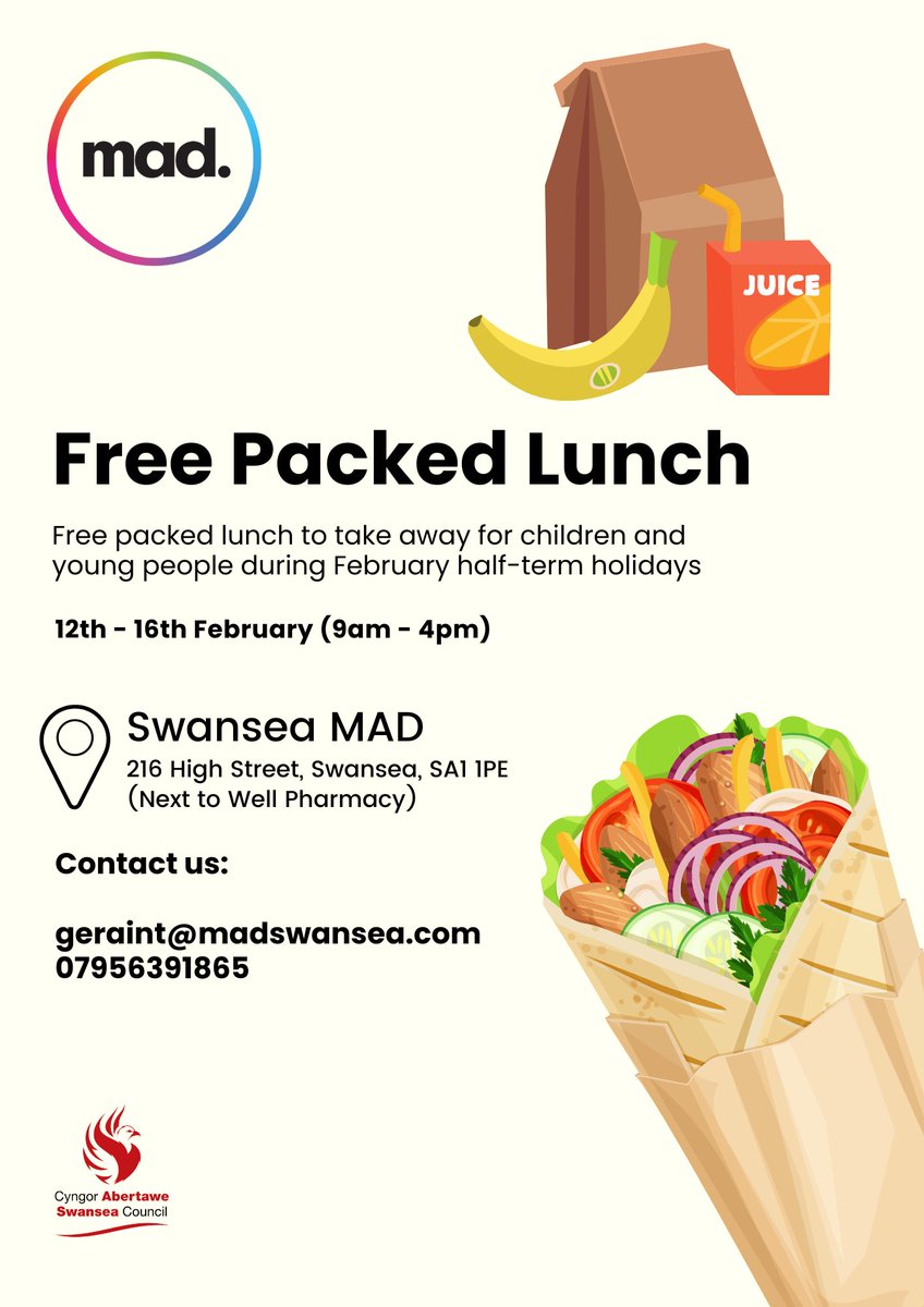 Free packed lunch to take away for children and young people during February half-term holidays <a href="/SwanseaMAD/">Swansea MAD</a>. 

Monday 12th - Friday 16th February (9am-4pm). 

Pop in to 216 High Street, Swansea (Next door to Well Chemist). No referral necessary. 

<a href="/SwanseaCouncil/">Swansea Council</a>