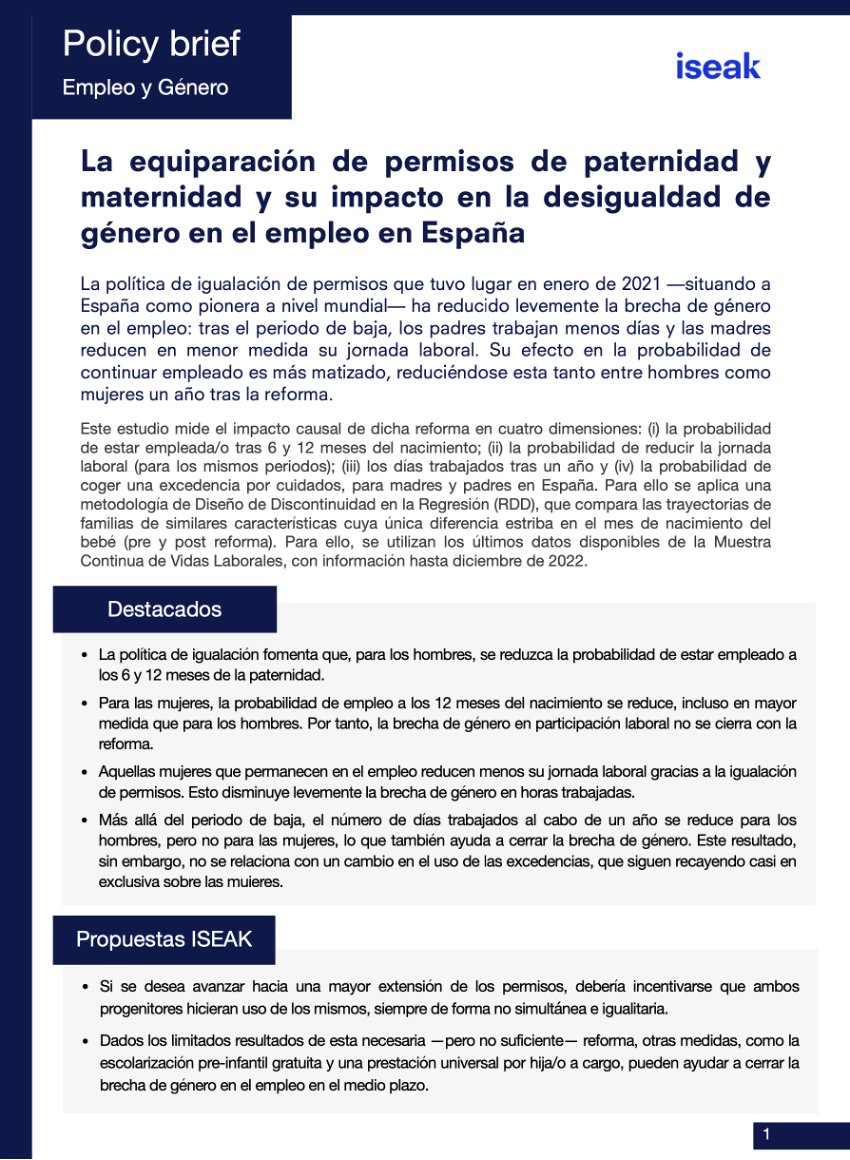 Lucia_Gorjon's tweet photo. 🚨Nuevo estudio @iseak_eu🚨
La extensión de los permisos de paternidad consigue cerrar (levemente) la brecha de género en el empleo: 
➡️Las mujeres reducen menos su jornada laboral para cuidar de sus hijas/os.
➡️Más allá de la baja, los padres trabajan menos días al cabo del año. https://t.co/YBFArt4hzl