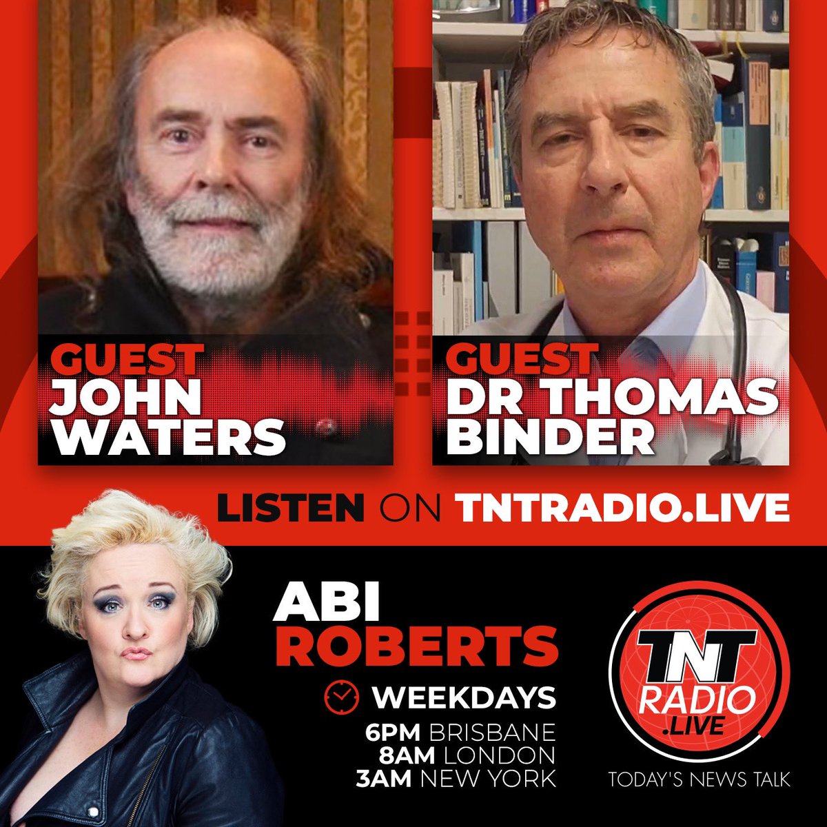 Coming up at in the next few minutes on @abiroberts show on tntradio.live we have the incredible John Waters and @Thomas_Binder 😊 Tune in!