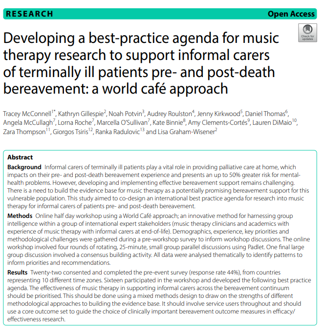 NEW PAPER-

Exciting to see this paper published from the #MusiCARER project - the result of an international consensus process

Open access link here- rdcu.be/dx6SV 

#musictherapy #carers #bereavement