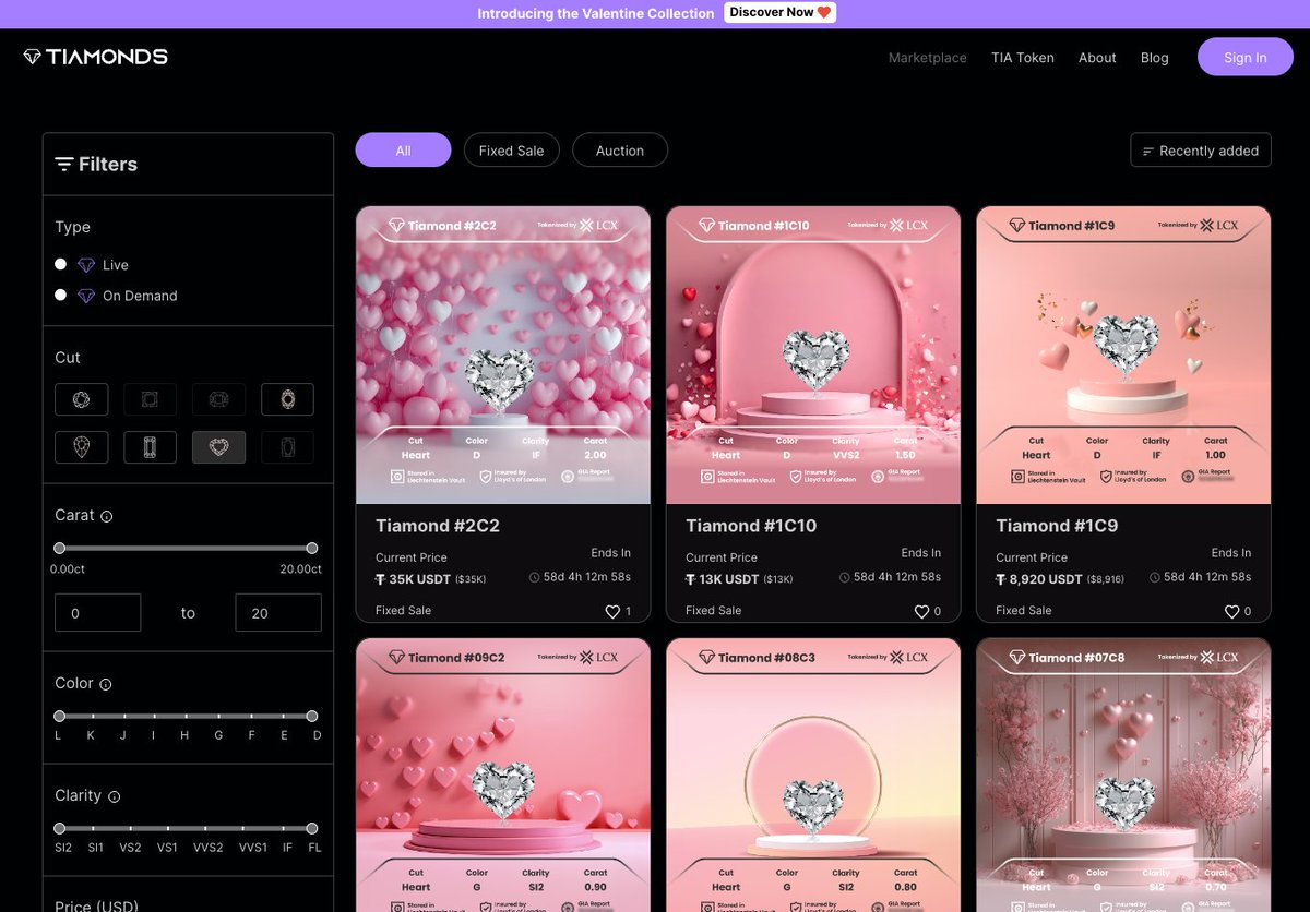 Valentines Collection <a href="/totofinance/"></a> looks really nice. Real world diamonds stored and insured securely in Liechtenstein by @LCX. The NFT's are "ownership deeds" which can be traded without moving the underlying asset. 
#RWA #tokenization 
tiamonds.com/market