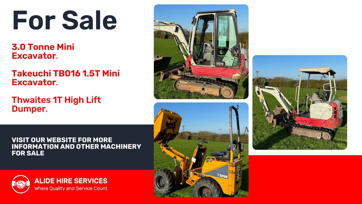 Snap up pre-owned gems at Alide Hire! 💥🛠️

3.0 Tonne Mini Excavator: Power for big tasks.
Takeuchi TB016 1.5T: Compact digging prowess.
Thwaites 1T High Lift Dumper: Boost your lifting game.
More treasures await in our shop! 🔗alidehire.co.uk/product-catego…

#AlideHire #MachinerySale
