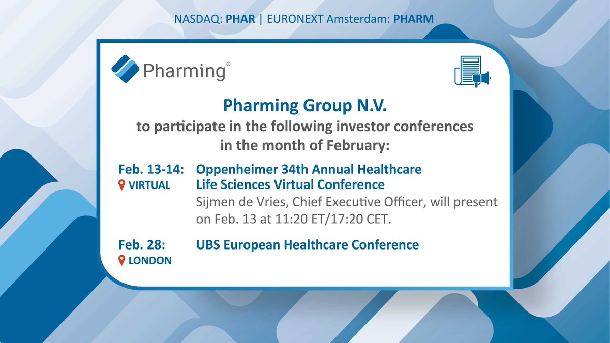 We are happy to share that @PharmingGroupNV management will participate in the Oppenheimer 34th Annual Healthcare Life Sciences Conference and the UBS European Healthcare Conference in the month of February. bit.ly/3HOwHf0 #conference2024 #biopharma #pharminggroup