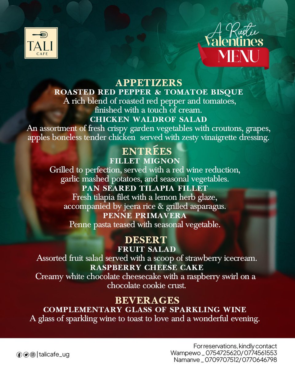 For reservations: Call / WhatsApp on 
📱 Wampewo: 0754725620 or 0774561553
📱 Namanve: 0709707512 or 0770646798

Visit Tali cafe 
📌:Don Petrol station Wampewo-Kasangati
📌: Unique Petrol station in Namanve

#Uganda #talicafe  #love #food #celebrations #valentines #cafe