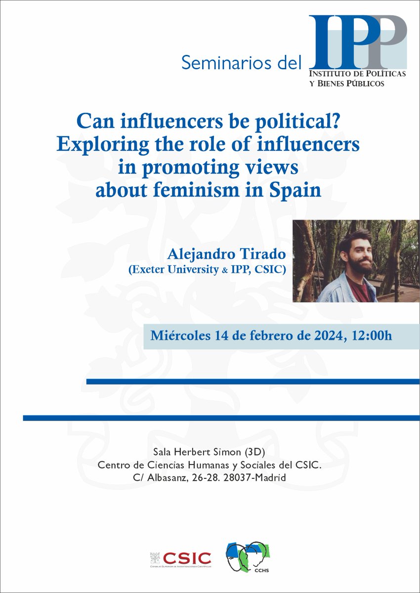 Marta Fraile Maldonado (@frailemaldonado) on Twitter photo Next Wednesday, February 14, <a href="/ATiradoCastro/">Alejandro Tirado</a> from <a href="/TwiceAsGood_ERC/">TwiceAsGood: an ERC Adv Grant</a>: is presenting at our <a href="/IPP_CSIC/">Instituto de Políticas y Bienes Públicos</a> Permanent Seminars part of the research we are doing with <a href="/PaulaZuluagaB/">Paula Zuluaga</a> about public opinion on gender equality and feminism. Join us – everyone is welcome! <a href="/CCHS_CSIC/">Ciencias Humanas y Sociales (CCHS - CSIC)</a> <a href="/CSIC/">CSIC</a> Next Wednesday, February 14, <a href="/ATiradoCastro/">Alejandro Tirado</a> from <a href="/TwiceAsGood_ERC/">TwiceAsGood: an ERC Adv Grant</a>: is presenting at our <a href="/IPP_CSIC/">Instituto de Políticas y Bienes Públicos</a> Permanent Seminars part of the research we are doing with <a href="/PaulaZuluagaB/">Paula Zuluaga</a> about public opinion on gender equality and feminism. Join us – everyone is welcome! <a href="/CCHS_CSIC/">Ciencias Humanas y Sociales (CCHS - CSIC)</a> <a href="/CSIC/">CSIC</a>