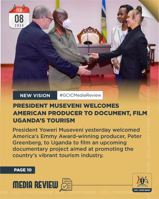 President Yoweri Museveni yesterday welcomed America's EmmyAward-winning producer, Peter Greenberg, to Uganda to film an upcoming documentary project aimed at promoting the country's vibrant tourism industry.
