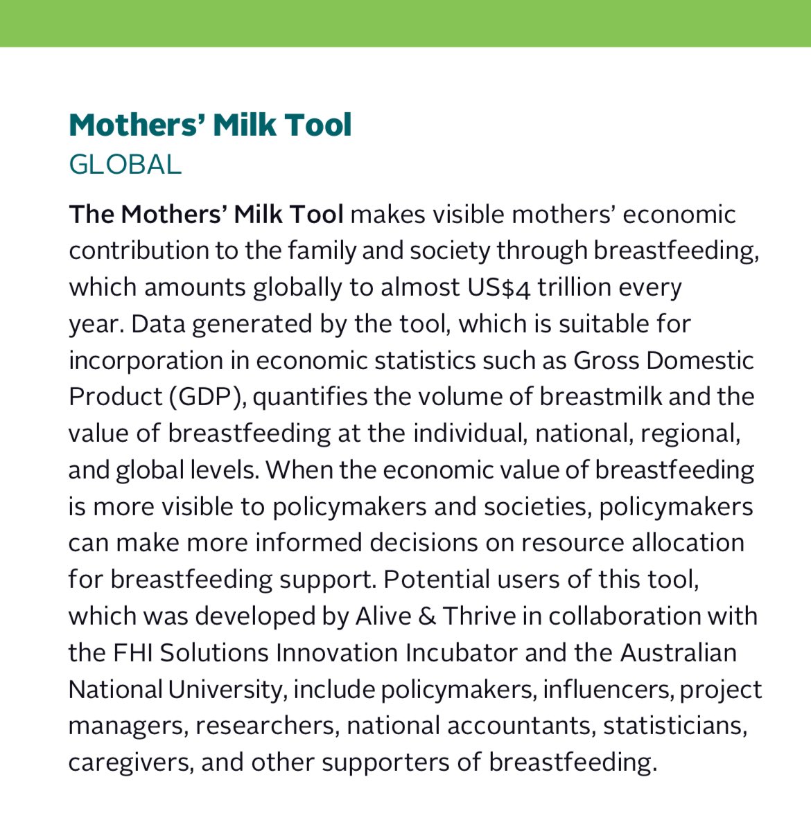 “When the economic value of breastfeeding is more visible to policymakers and societies, policymakers can make more informed decisions on resource allocation for breastfeeding support.” #MothersMilkTool