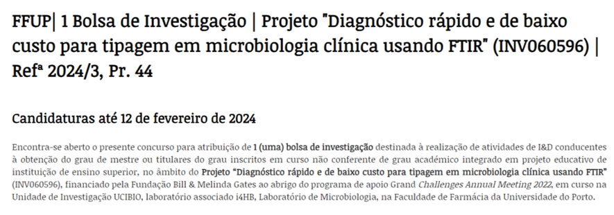 📢 Oportunidade 1 Bolsa de Investigação 📢

"Diagnóstico rápido e de baixo custo para tipagem em microbiologia clínica usando FTIR"   

📌 Fundação Bill &amp; Melinda Gates | Local: #FFUP

📅Data limite: 12-02-2024  

Mais informações:  noticias.up.pt/oportunidades/…

<a href="/UCIBIO_Research/">UCIBIO</a>