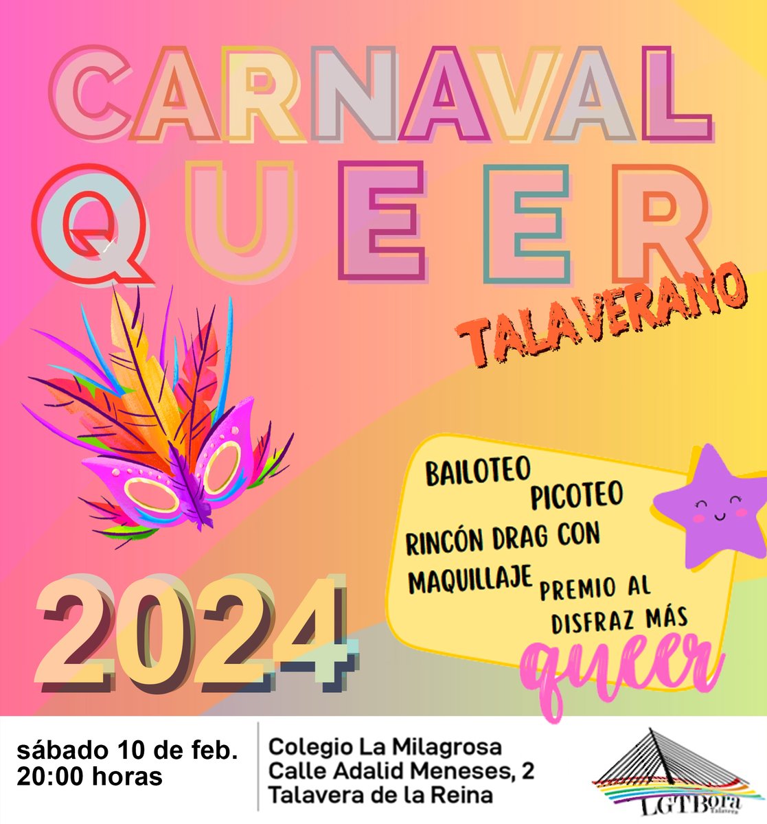 ¡Este sábado es carnaval y el cuerpo lo sabe!

Por eso en LGTBORA vamos a tener fiesta de disfraces con bailoteo, picoteo, rincón Drag con maquillaje, premio al disfraz más queer...

Nos vemos en la sede el sábado 10 de febrero las 20 horas. (C/ Adalid Meneses 2)
#Carnaval2024