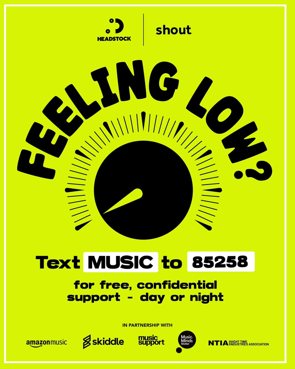 HeadstockUK's tweet photo. Headstock has partnered with @GiveUsAShout to launch MUSIC 85258 - a new mental health text support service for people working within the music industry.

If you’re feeling low, anxious or distressed, text MUSIC to 85258 for free, confidential support 24/7

#MUSIC85258 https://t.co/hgXD0lmzcQ
