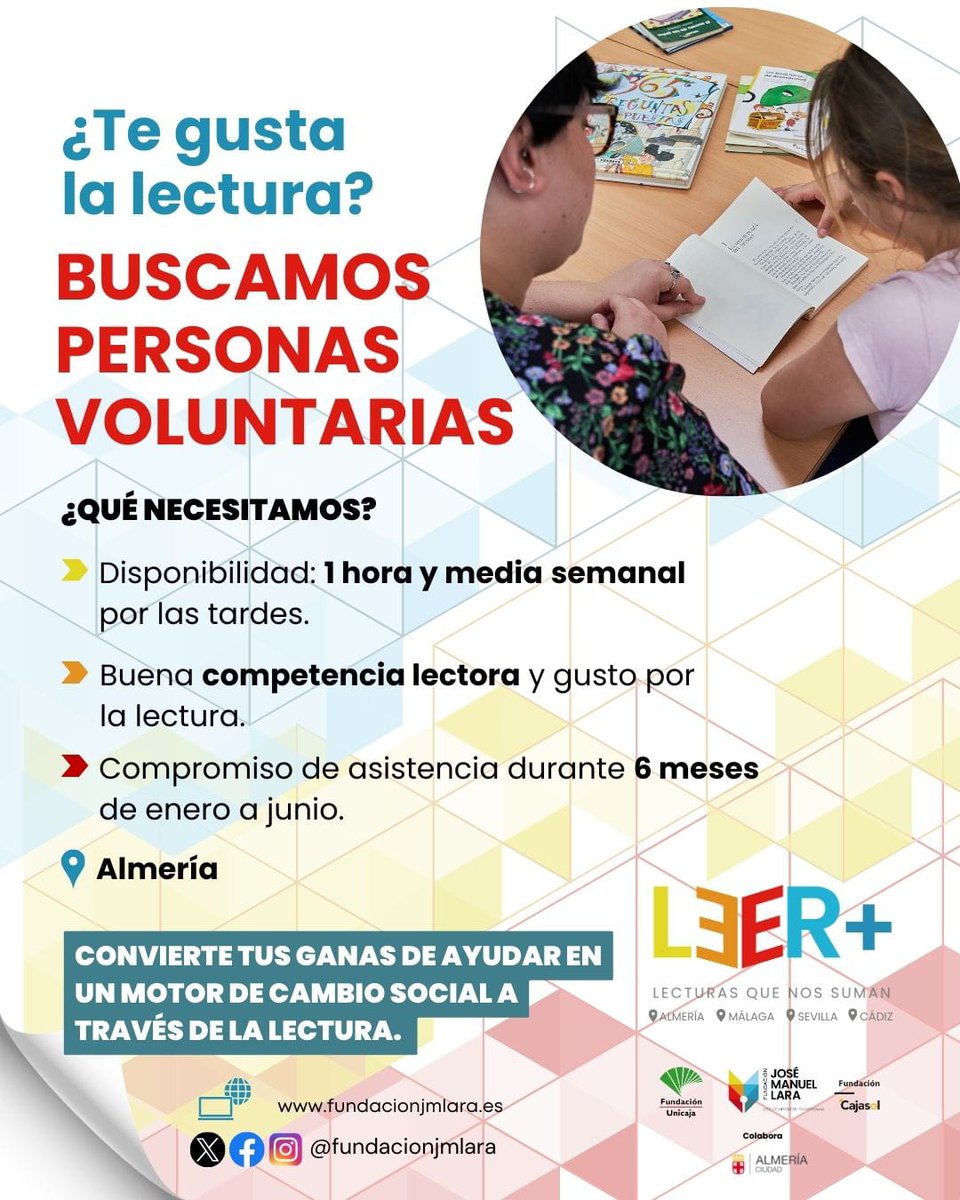 📖 ¿Te gusta la lectura?

👉 El Ayuntamiento de Almería colabora con la Fundación José Manuel Lara en el proyecto 'Lecturas que nos suman'.

ℹ️ Si estás interesado/a puedes contactar con la fundación a través de sus redes sociales.

#MásCapitalMásAlmería 🏴󠁧󠁢󠁥󠁮󠁧󠁿