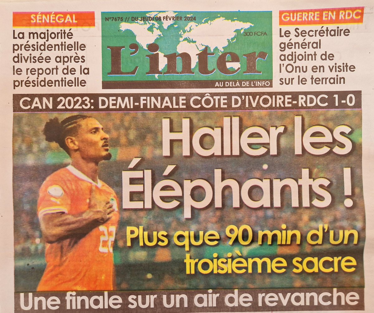RafaSorianoO's tweet image. La portada #LInter tras la victoria🇨🇮 que califica a los 🐘 para la final #CAN2023. Siempre me han encantado los juegos de palabras del periodismo deportivo "Haller les Éléphants" @Futbolconkarma. Merece la pena ver donde quedan, en la cabecera, otras dos noticias de actualidad..