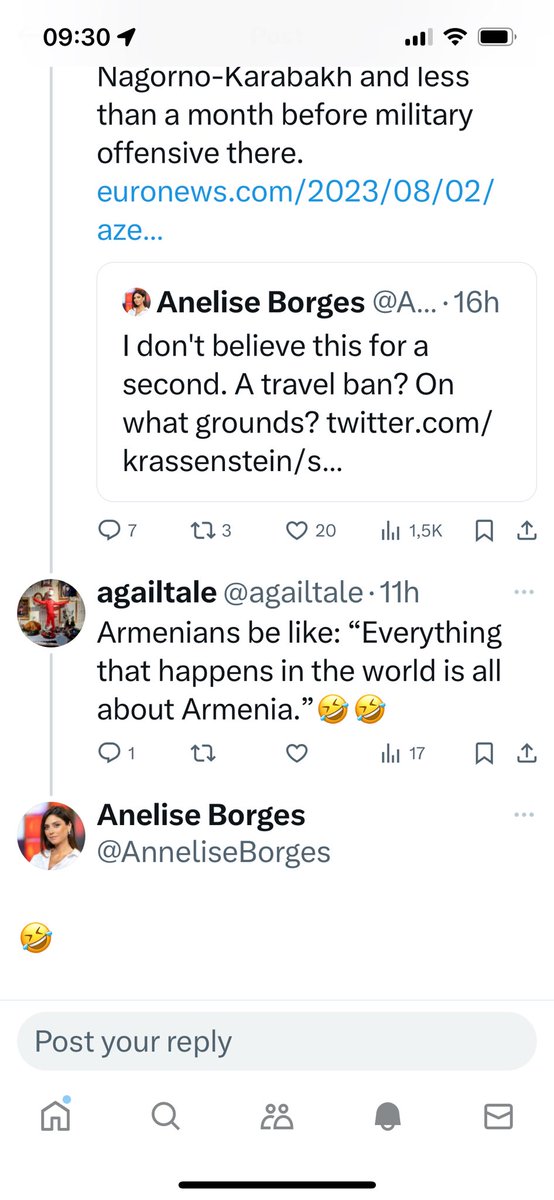 1. <a href="/AnneliseBorges/">Anelise Borges</a>, a leading anchor in <a href="/euronews/">euronews</a> <a href="/AJEnglish/">Al Jazeera English</a>, didn’t believe in the blockade of NK Armenians on 24 Aug 2023 &amp; conducted neutral interview with Aliyev without challenging him when people were starving &amp; he was planning a military operation against them.