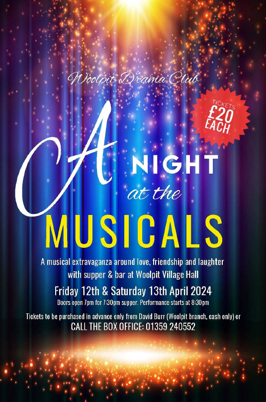 WoolpitDrama's tweet photo. Date for your diary: 'A Night at the Musicals' a musical extravaganza, exploring love, friendship and laughter.
Supper and bar.
Great entertainment for anyone who loves the musicals.
April 12 and 13 2024, 7:30pm, Woolpit Village Hall
Tickets: £20.00, book in advance 01359 240552 https://t.co/NurfIwVFV9
