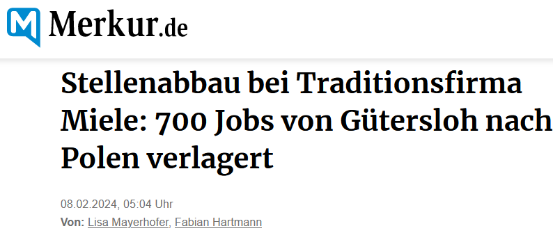 SHomburg's tweet photo. Miele-Waschmaschinen werden nicht mehr in Gütersloh hergestellt, sondern in Polen. 700 Arbeitsplätze entfallen. Hierzu zwei Intelligenzfragen an die Ampel:

• Wie stark mindert die Verlagerung die globale CO2-Emission?
• Welche Wirkung auf die Erdtemperatur ist zu erwarten? https://t.co/zptjlin2rK