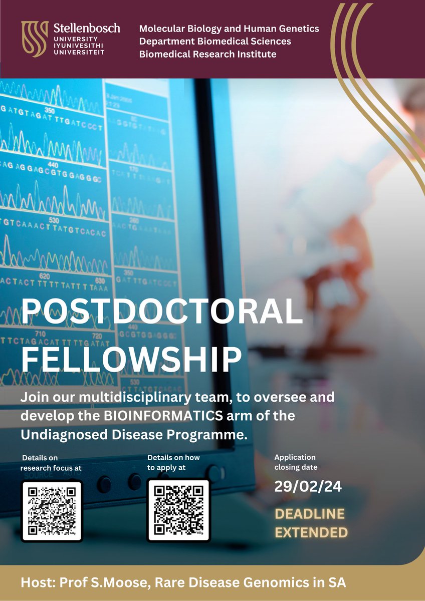 Division of Molecular Biology and Human Genetics (@sumbhg) on Twitter photo #PostdoctoralOpportunity
The deadline for application for a #postdoctoralfellowship in the <a href="/RareGenomicsRSA/">RareDiseaseGenomicsRSA</a> has been extended!
Make a positive impact in the lives of #RareWarriors and their families through the #UndiagnosedDiseaseProgramme
Apply on our website >> vacancies๐ #PostdoctoralOpportunity
The deadline for application for a #postdoctoralfellowship in the <a href="/RareGenomicsRSA/">RareDiseaseGenomicsRSA</a> has been extended!
Make a positive impact in the lives of #RareWarriors and their families through the #UndiagnosedDiseaseProgramme
Apply on our website >> vacancies๐