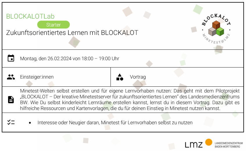 petiteprof79's tweet photo. Du bist neu bei #BLOCKALOT?🚪🎮Am 26.2. ab 18h erfährst du im #BLOCKALOTLab wie du #Minetest-Welten kinderleicht erstellst. Dazu gibt's hilfreiche Ressourcen & Kartenvorlagen für den Einstieg in Minetest. ✏️https://t.co/jdEv5et5Py #twlz #edubw #zukunftsorientiertesLernen @lmz_bw https://t.co/6EeNyiCs4G