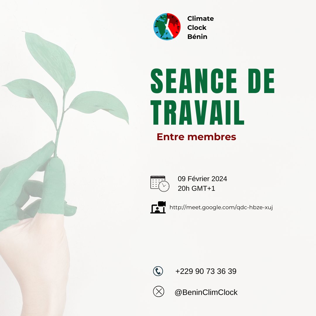 📢 Climate Clock Bénin organise une séance de travail ce 09/02/24 à 20hGMT+1. Ce sera l'occasion de mettre en avant nos objectifs pour 2024.meet.google.com/qdc-hbze-xuj Nous sommes convaincus qu'ensemble nous pouvons contribuer à façonner notre avenir.💚 #ActNow #5Years #ClimateAction