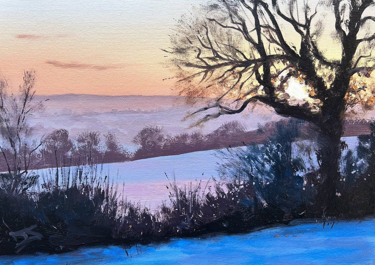 ‘Winter sun on the Sheepwalks’ From my ‘Winter Sunset’ painting workshop, focusing on winter colours and achieving a sense of distance. Oil on canvas board (10” x 14”) @artpublishing @mhoilpaints @AandImagazine #winterart #winterpainting #snowart #oilpainting #snowpainting