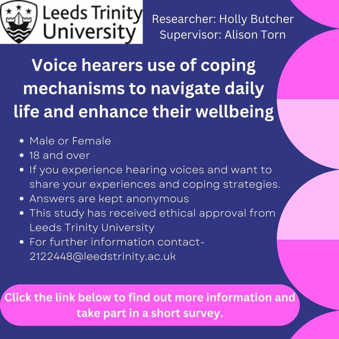 Please share my final year project student's study on coping with voice hearing experiences. Info and survey below @Rufusmay @AnneCooke14 ltu.onlinesurveys.ac.uk/voice-hearers-…