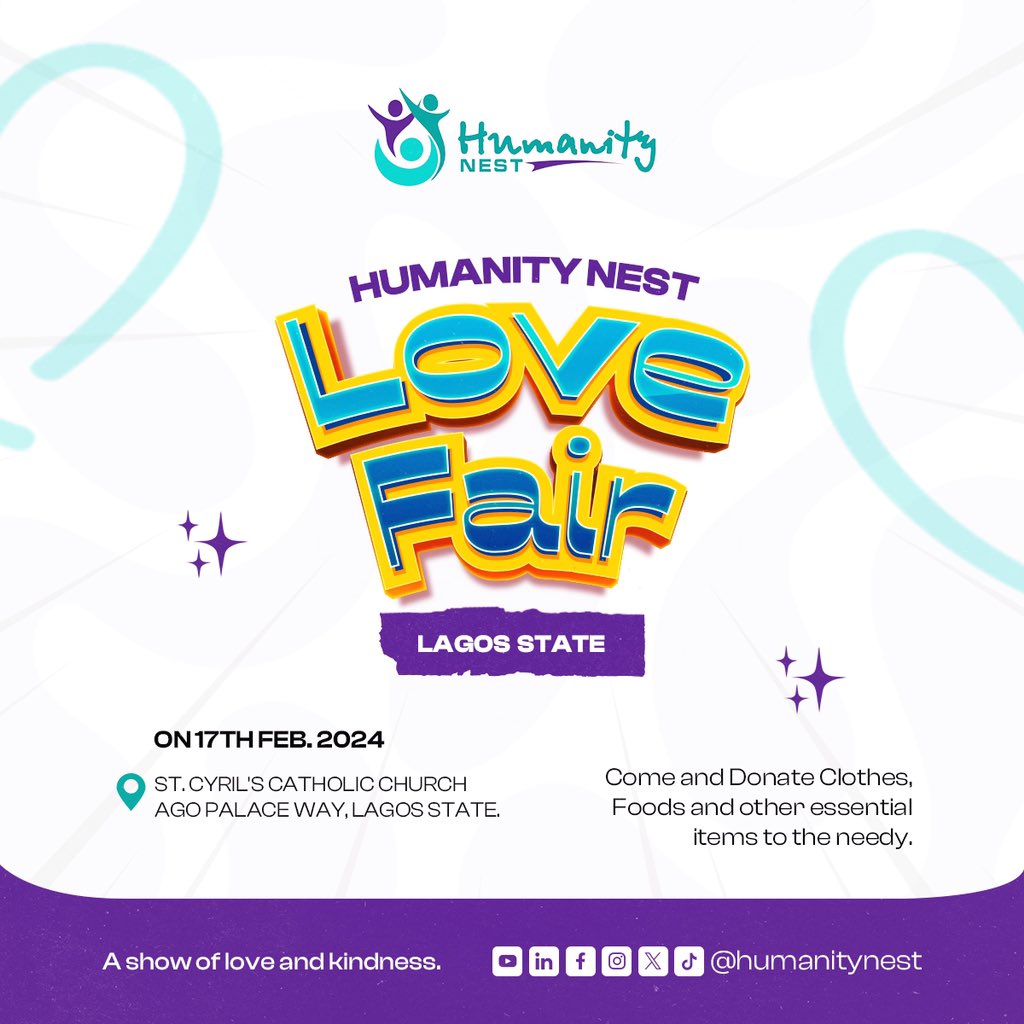 humanitynest's tweet photo. HUMANITY LOVE FAIR VENUES 🥳🥳 FOR LAGOS STATE
📍Lagos 1: ST. Cyril’s Catholic Church, Ago Palace Way, Lagos State.
Come donate food, clothes, and other essential items to the needy.
Together we can ❤️
#humanitynest #humanitynestlovefair #lagos #agopalaceway https://t.co/F9JL0pcP0G