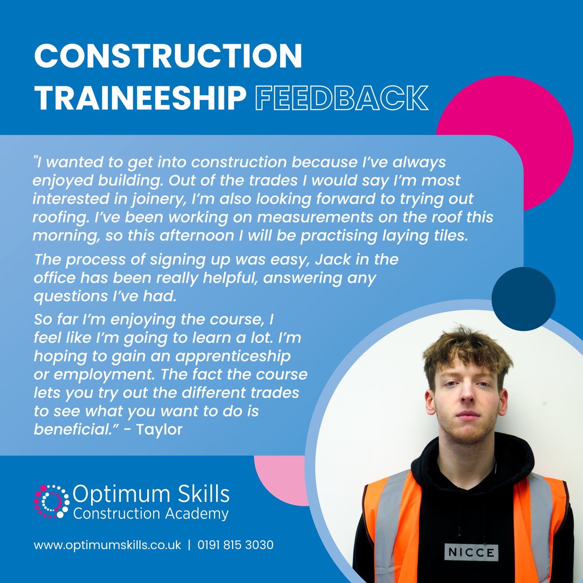 At Optimum Skills Gateshead Construction Academy, our traineeships are a routeway into apprenticeships for many young people. 

Taylor joined the traineeship last week, and this is what he had to say about his experience so far...  

#NAW2024 #SkillsForLife #PreApprenticeship