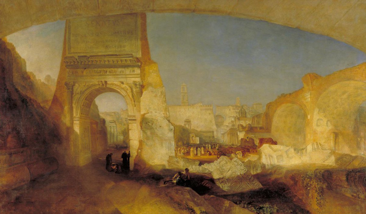whitegoldsword's tweet photo. I love this scene in Mike Leigh’s ‘Mr Turner’ film where you briefly get a glimpse of the large painting ‘Forum Romanum’ which #JMWTurner painted for his friend, #JohnSoane, for his house in Holborn. However, Soane did not particularly care for the painting and it remained at Turner’s gallery at 47 Queen Anne Street until after his death in 1851. 

Soane paid Turner for the painting but Turner never cashed in the cheque. (Turner had hoped that the painting would remind Soane of his time spent in Rome as part of his Grand Tour- he reached Rome on 2 May 1778).

Had Soane displayed the painting at his museum at Lincoln’s Inn Fields it would have required one of the walls to have been taken down to allow access of the painting due to its large size. This was possible however as Soane took down a walls to allow access to the calcite sarcophagus of Seti I and the plaster model of Lord Burlington’s #ApolloBelvedere presented to Soane by architect John White. 

Tate display caption July 2020

‘One of the most important locations in Rome is the Forum, an area of ruined temples and monuments. It represents the heart of the ancient city. Over the centuries, the Forum had been allowed to decay but by the 19th century, archaeologists were uncovering its remains. This painting, designed for the architect Sir John Soane, captures the view looking towards the Capitoline Hill. On the left is the Arch of Titus, and on the right, the vaults of the Basilica of Constantine’.
@SoaneMuseum
