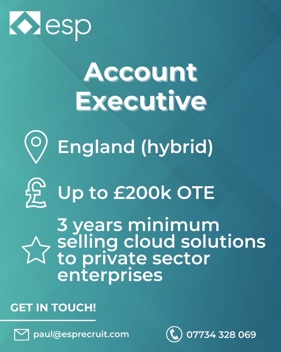We are looking for an Account Executive! 📣

🔥 Hot space – Cloud Software and Services

💰 Reasonable targets so you are set up to succeed

👀 Huge investment in an established business so great time to join

Check out the details below and get in touch at paul@esprecruit.co ...