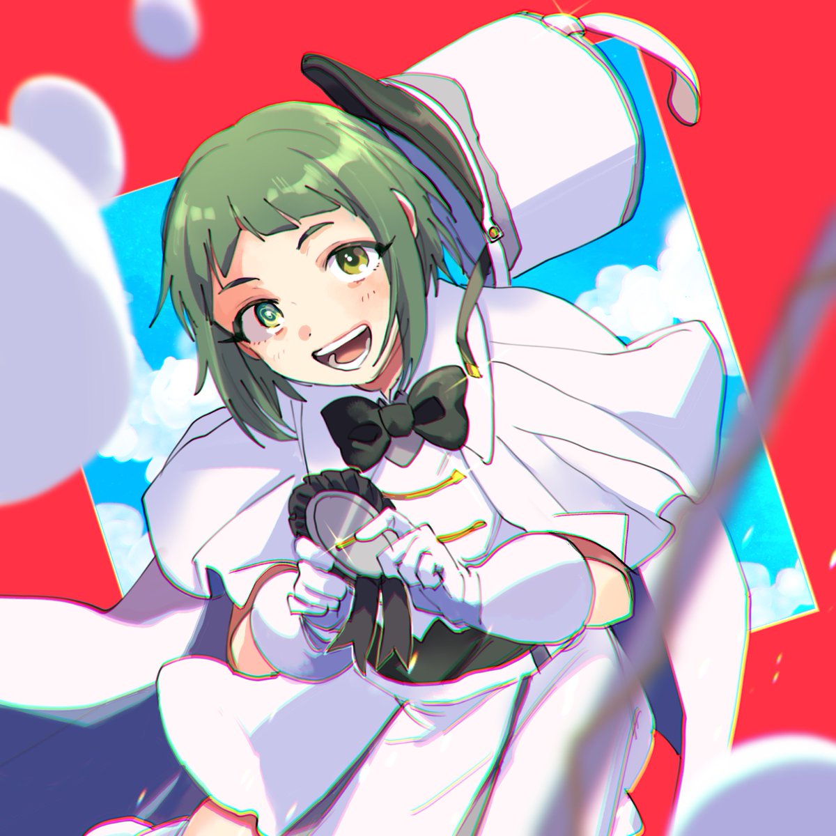 green hair 1girl gloves green eyes hat solo bow  illustration images