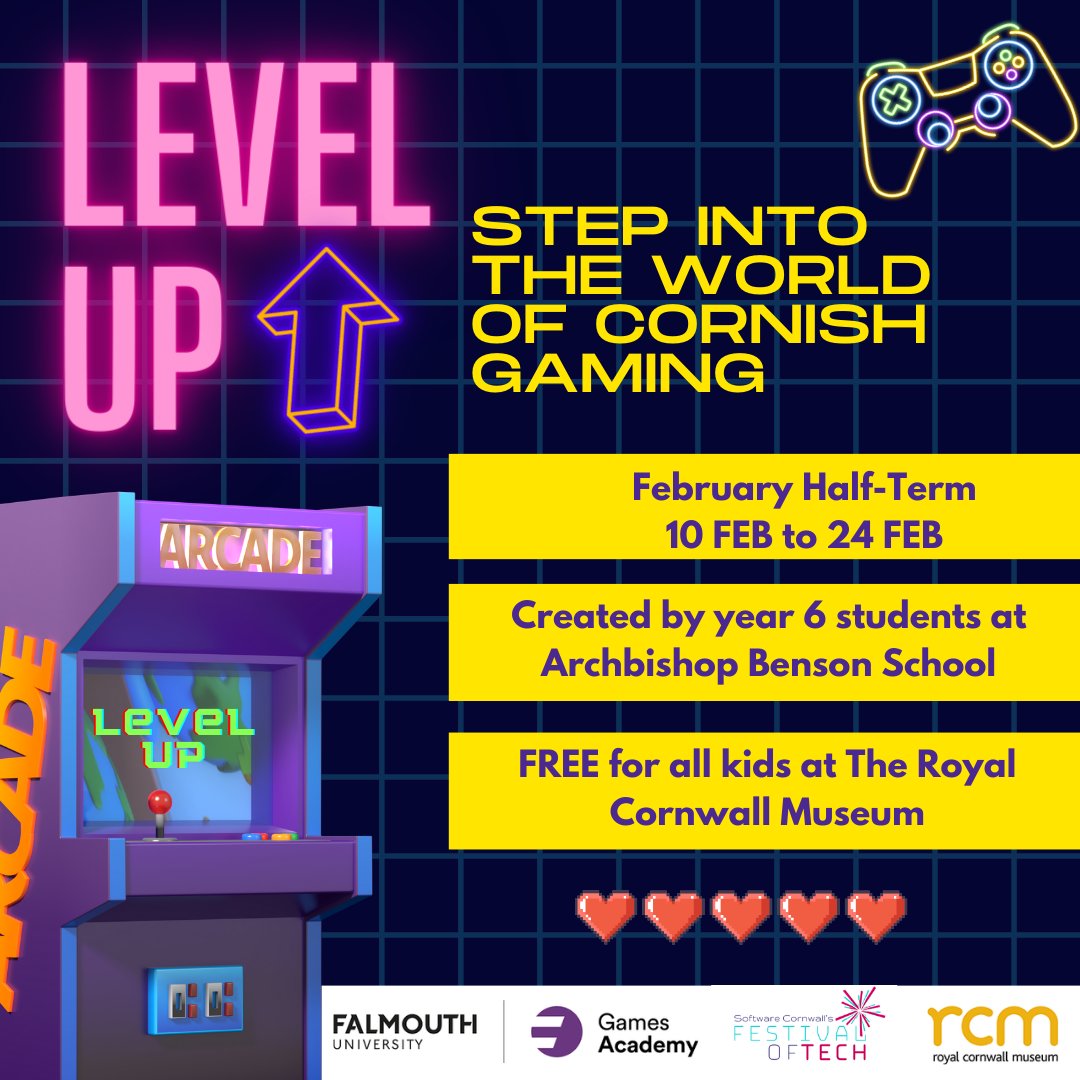 Looking for something to do with the kids over Feb half term? Check out this kid's curated gaming exhibit at the Royal Cornwall Museum @Cornwall_Museum! Created by a team of year 6 students @ArchBensonSch with support from @CaitlinKrum @SwCornwall and @Falmouthgames
