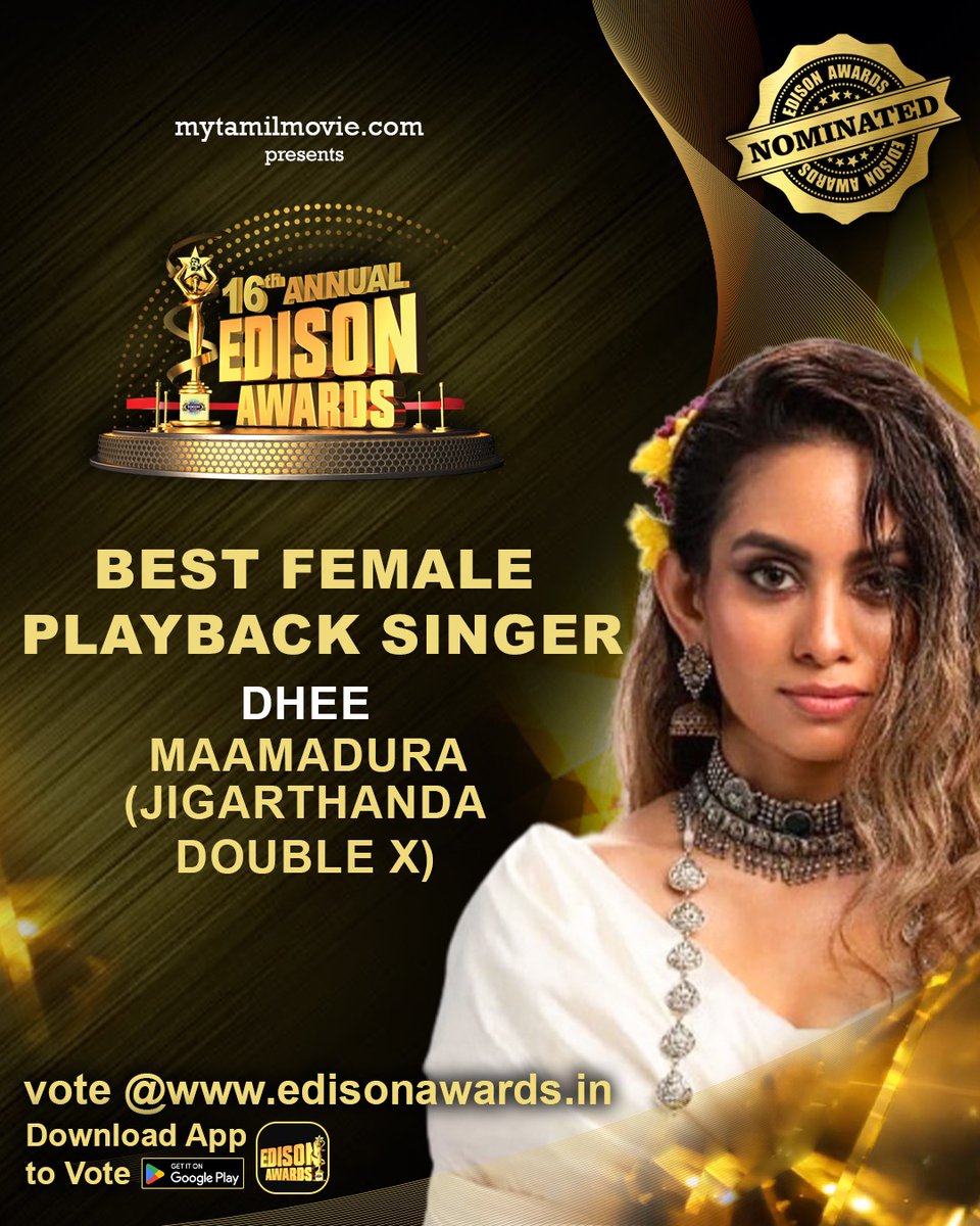 edison_awards's tweet photo. Vote for @talktodhee
is nominated as
"BEST FEMALE SINGER " for #Maamadura from #JigarthandDoubleX at #16thAnnualEdisonAwards
Vote 👉https://t.co/dHye98Y1Kb
To win tickets 🎟🎟
Follow 👉 @edison_awards
@Music_Santhosh @iam_SJSuryah @offl_Lawrence https://t.co/Rm94yVMsue