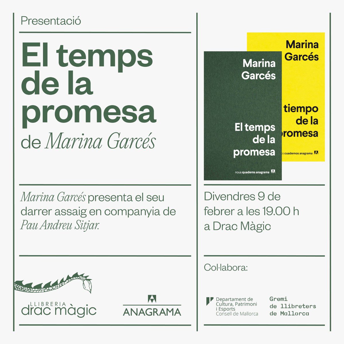 Em fa molt molt feliç acompanyar demà a <a href="/MarinaGarces/">Marina Garcés</a> per a presentar el seu llibre El temps de la promesa a la <a href="/LlDracMagic/">llibreriadracmagic</a>  a les 19:00h. La podreu escoltar també dissabte a la secció de literatura  de <a href="/LaGranVidaIB3/">La Gran Vida IB3</a> ! a les 11:00h. 
Ens veiem!!❤️