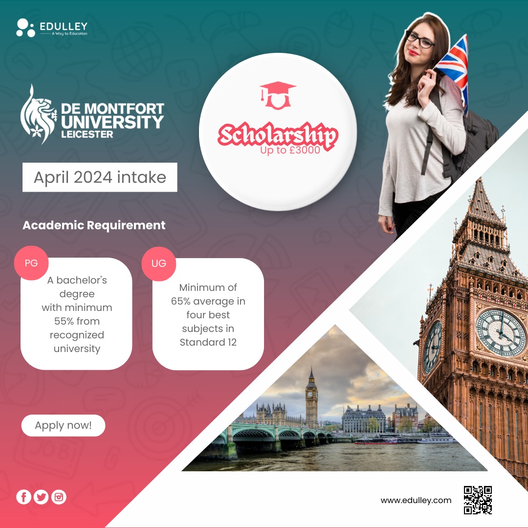 Exciting News! De Montfort University Leicester is offering scholarships of up to £3000 for the April 2024 intake! 

#DMUscholarship 
#April2024Intake 
#EducationOpportunity 
#DMULeicester 
#ScholarshipOffer 
#DreamBig