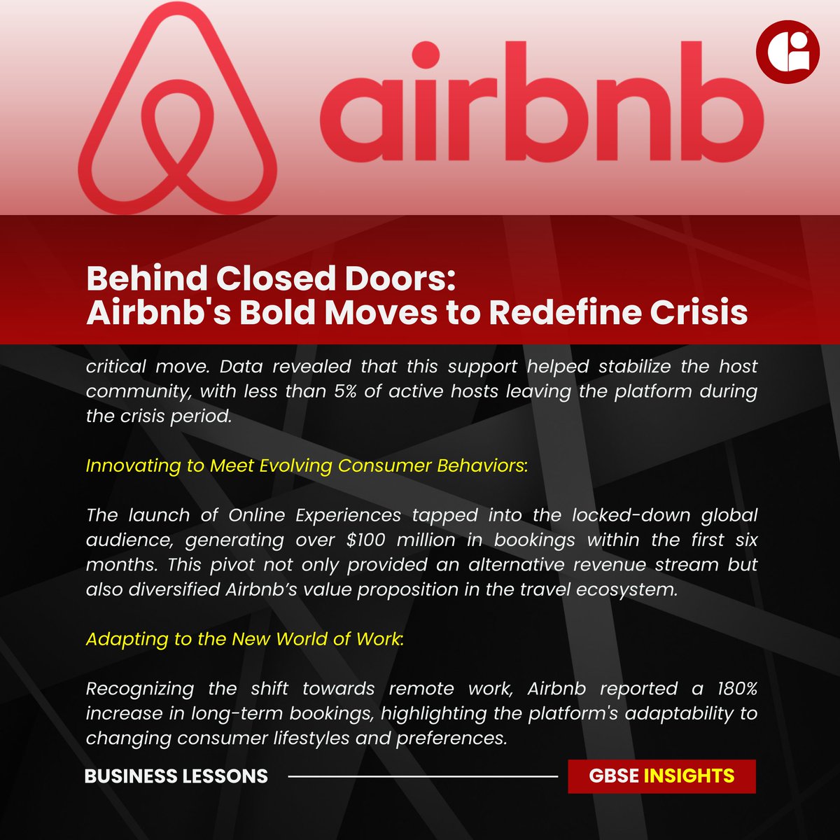 The pandemic presented a checkmate scenario; Airbnb rewrote the rules of the game. Learn how with GBSE's in-depth exploration into the moves that transformed a crisis into a gateway for growth. #MarketReinvention #AdaptiveStrategy #GBSEDeepDive