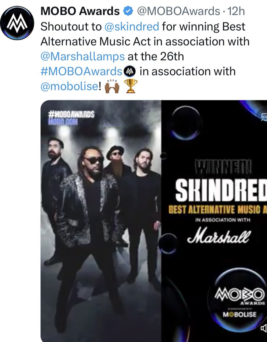 What a night . Huge Congrats to everyone in Team @Skindredmusic on Winning a @MOBOAwards . How cool is that . Next stop Wembley . Well done @EaracheRecords @WME @wilfulpublicity @WeAreAC_Promo and the brilliant live crew .Team work makes the dream work.