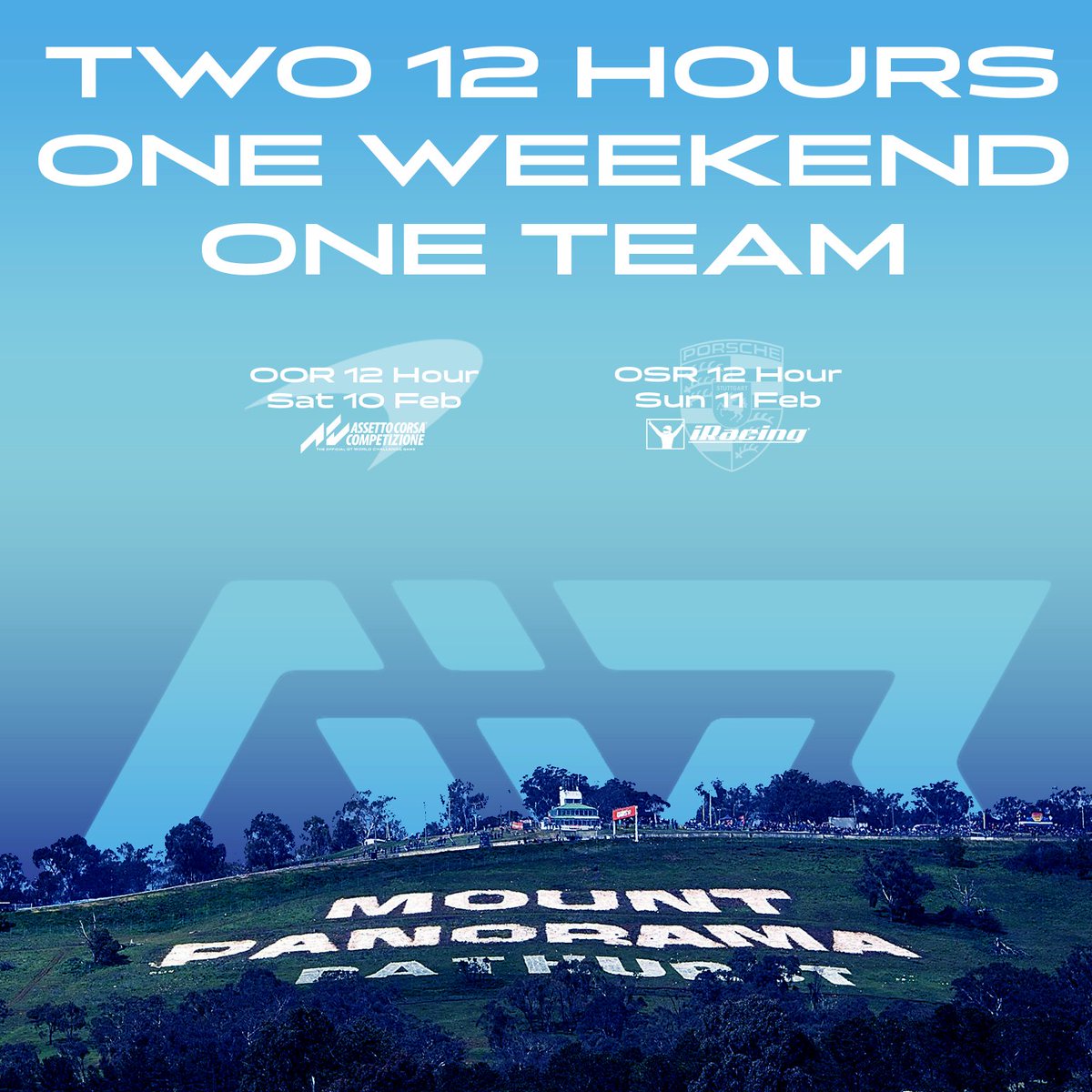 / / BATHURST 12HR / /

This weekend the team takes on the OOR Bathurst 12hr on Assetto Corsa Competizione on Saturday, along with the OSR Bathurst 12hr in iRacing on Sunday.

Make sure to look for both races this Saturday and Sunday and a big shoutout to <a href="/mmorella_sr/">Marino Morella</a> for