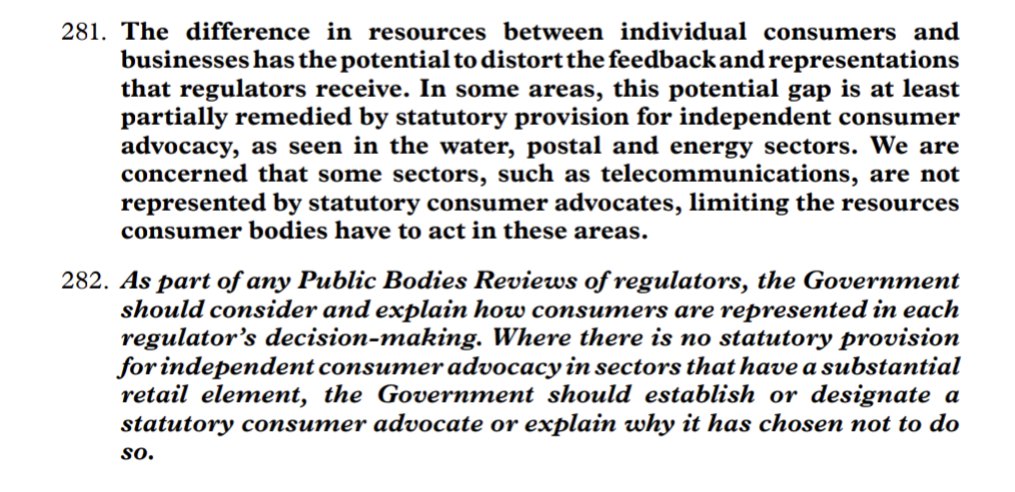 Last year I gave evidence to a Lords inquiry on UK regulators. I spoke about how the consumer voice isn't always heard by industry or their regulators. 

Delighted to see our recommendation taken up on seeing statutory advocates set up in key markets like telco.

<a href="/HLIndustryCom/">Lords Industry and Regulators Committee</a>