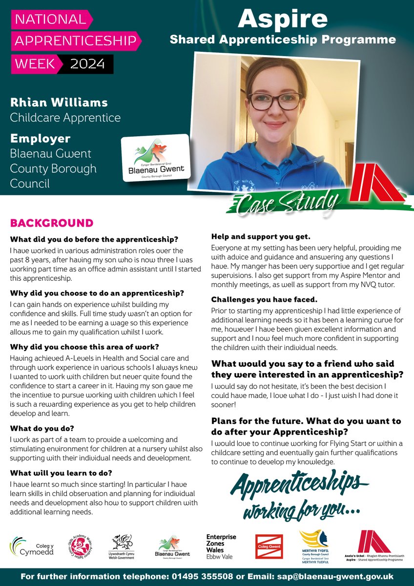 To celebrate National Apprentice Week 2024 find out about our Childcare Apprentice Rhian Williams at Blaenau Gwent County Borough Council. Interested in the Aspire Blaenau Gwent Shared Apprenticeship Programme? call 01495 355508 for further information. #NAW2024 @ColegGwent