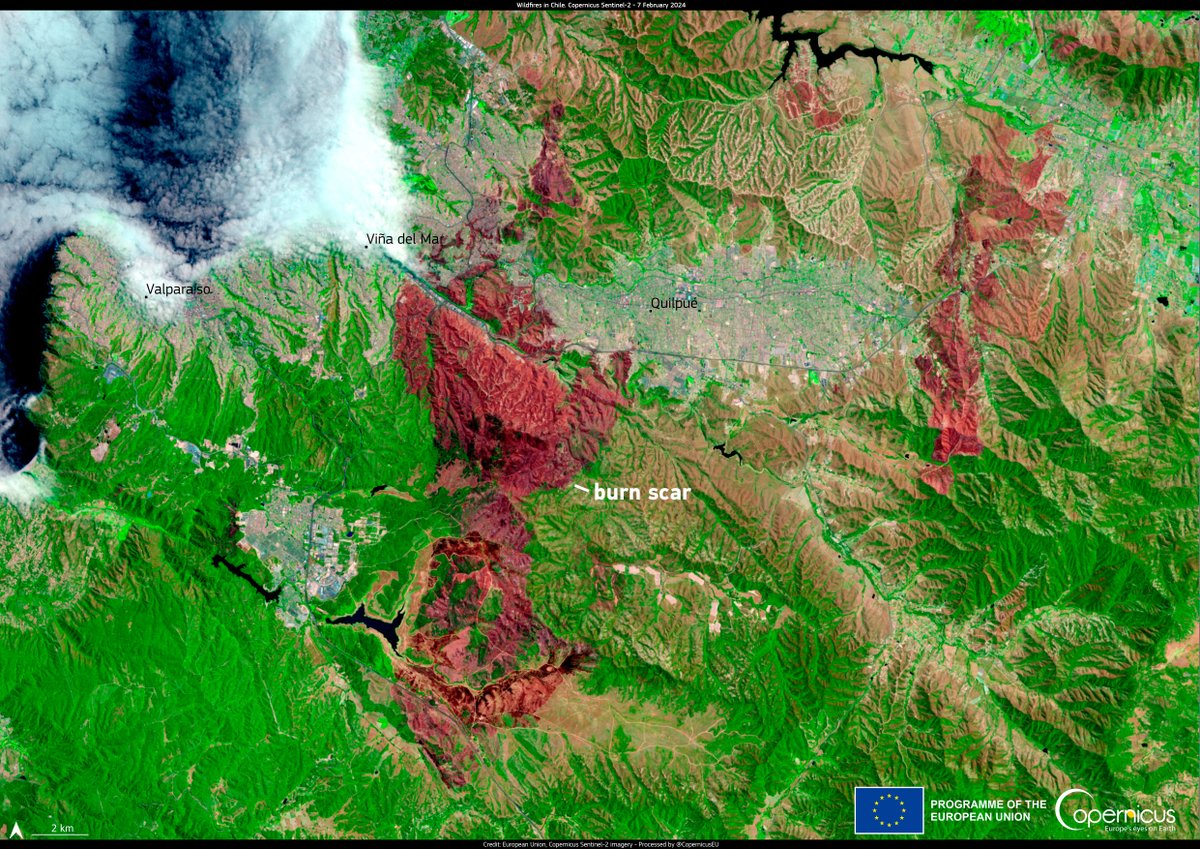 #ImageOfTheDay

Wildfires 🔥 have devasted the #Valparaíso Region in #Chile

According to <a href="/CopernicusEMS/">Copernicus EMS</a>, more than 8,700 ha have burnt

⬇️The burn scar 🟧 is visible in the image acquired by #Copernicus #Sentinel2 🇪🇺🛰️on 7 February