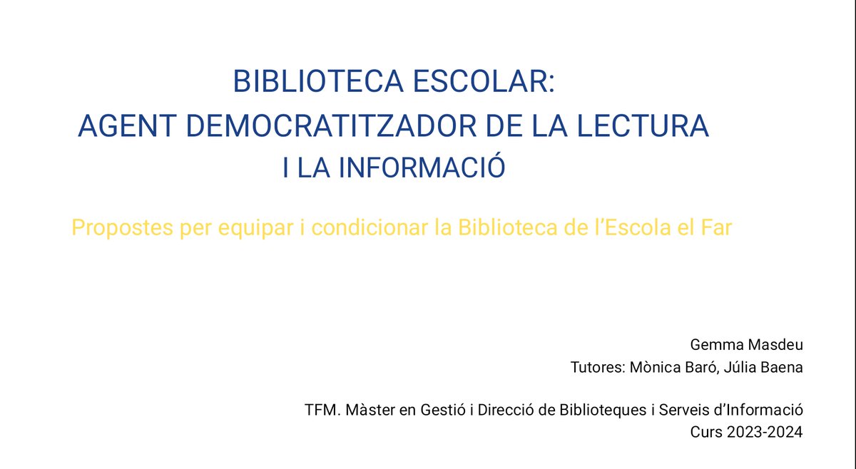 gmasdeuca's tweet photo. Justament ahir, dia internacional de la lectura en veu alta, vaig defensar el TFM del Màster de Gestió i Direcció de Biblioteques i Serveis d'informació de @FIMA_UB sobre biblioteques escolars. Satisfeta i contenta d'aquest període d'immersió a les BE. Ho he xalat de valent. https://t.co/K4KVg1jjgM