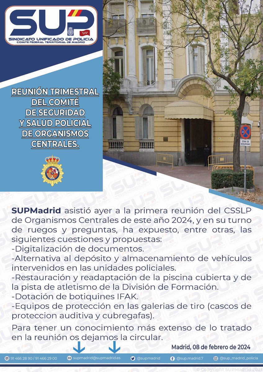 supmadrid's tweet image. 1ª reunión del año del #CSSLP de Org.Centrales proponemos:
📃Digitalización de documentos
🚗Vehículos intervenidos(depósito)
🏊♂️Restauración piscina cubierta y pista de atletismo  en Div de Formación
🩹Dotación botiquines IFAK
🥽Protección galerias tiro (auditiva y cubregafas)⤵️