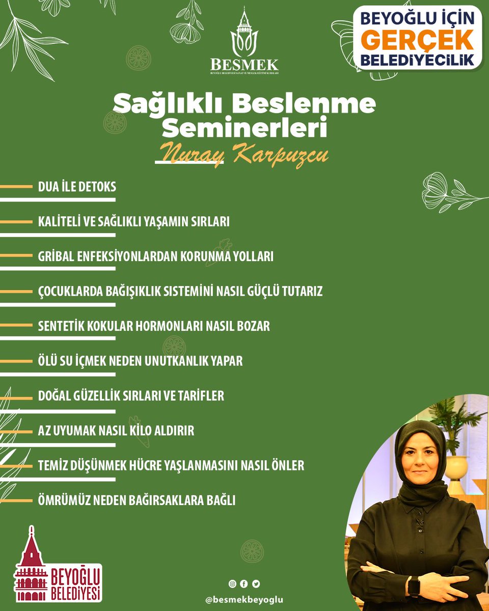 Beyoğlu Belediyesi BESMEK Eğitim Merkezlerimizde gerçekleşecek olan Sağlıklı Beslenme Seminerlerimize konulu tüm komşularımızı bekliyoruz. 📅Etkinlik Takvimine Görselden Ulaşabilirsiniz. @haydaraliyildiz @beyoglubld @nseyhanyildiz @kubragulal @AliiKoca