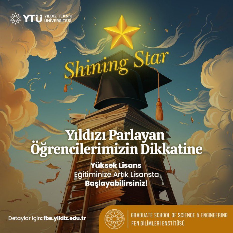 YTÜ Lisans Öğrencileri #ShiningStar🌟
Programı ile Yüksek Lisans Eğitimine Lisansta başlayabiliyor. 
İnovasyon, Liderlerle takipçileri arasındaki farkı belirler. 
Detaylar:  
fbe.yildiz.edu.tr

<a href="/YildizEdu/">Yıldız Teknik Üniversitesi</a>
#YTUShiningStar
#EğitimdeLiderYTÜ 
#ARGEdeLiderYTÜ