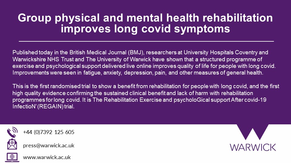 📰 PRESS RELEASE: Group physical and mental health rehabilitation improves life quality for people with long covid 👉warwick.ac.uk/newsandevents/… @uniofwarwick #research @NIHRresearch @warwickmed @nhsuhcw #longcovid #covid