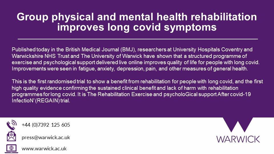 Warwick Newsroom (@warwicknewsroom) on Twitter photo 📰 PRESS RELEASE: Group physical and mental health rehabilitation improves life quality for people with long covid
👉warwick.ac.uk/newsandevents/…
<a href="/uniofwarwick/">University of Warwick</a> #research <a href="/NIHRresearch/">National Institute for Health and Care Research</a>
<a href="/warwickmed/">Warwick Med School</a> <a href="/nhsuhcw/">UHCW NHS Trust</a>
#longcovid #covid 📰 PRESS RELEASE: Group physical and mental health rehabilitation improves life quality for people with long covid
👉warwick.ac.uk/newsandevents/…
<a href="/uniofwarwick/">University of Warwick</a> #research <a href="/NIHRresearch/">National Institute for Health and Care Research</a>
<a href="/warwickmed/">Warwick Med School</a> <a href="/nhsuhcw/">UHCW NHS Trust</a>
#longcovid #covid