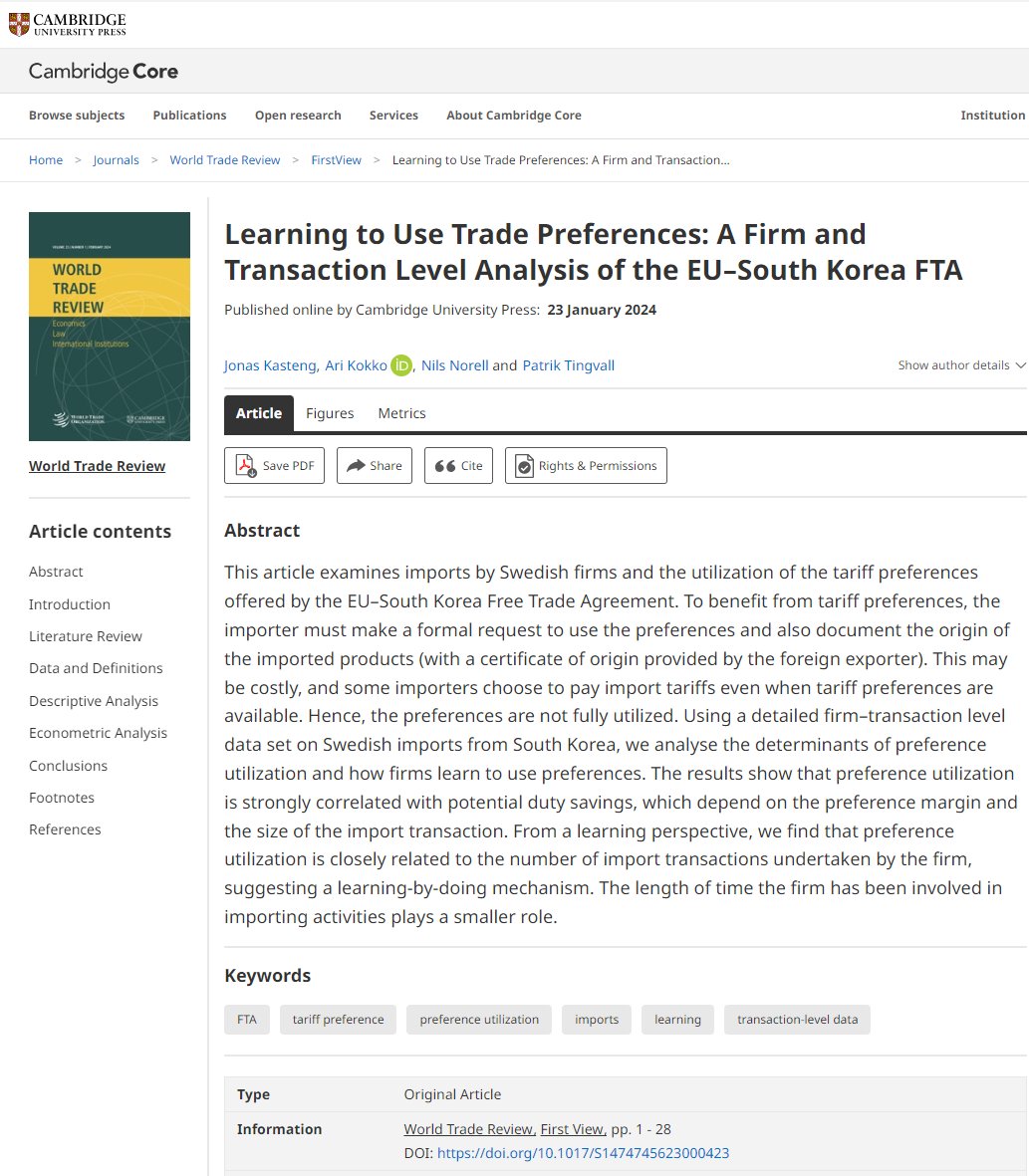 Jonas Kasteng (@jonaskasteng) on Twitter photo How do firms learn to use trade preferences❓
Find out the answer in new article published by World Trade Review <a href="/trade_review/">WorldTradeReview</a> ‼️
👇👇👇
Link: doi.org/10.1017/S14747… How do firms learn to use trade preferences❓
Find out the answer in new article published by World Trade Review <a href="/trade_review/">WorldTradeReview</a> ‼️
👇👇👇
Link: doi.org/10.1017/S14747…