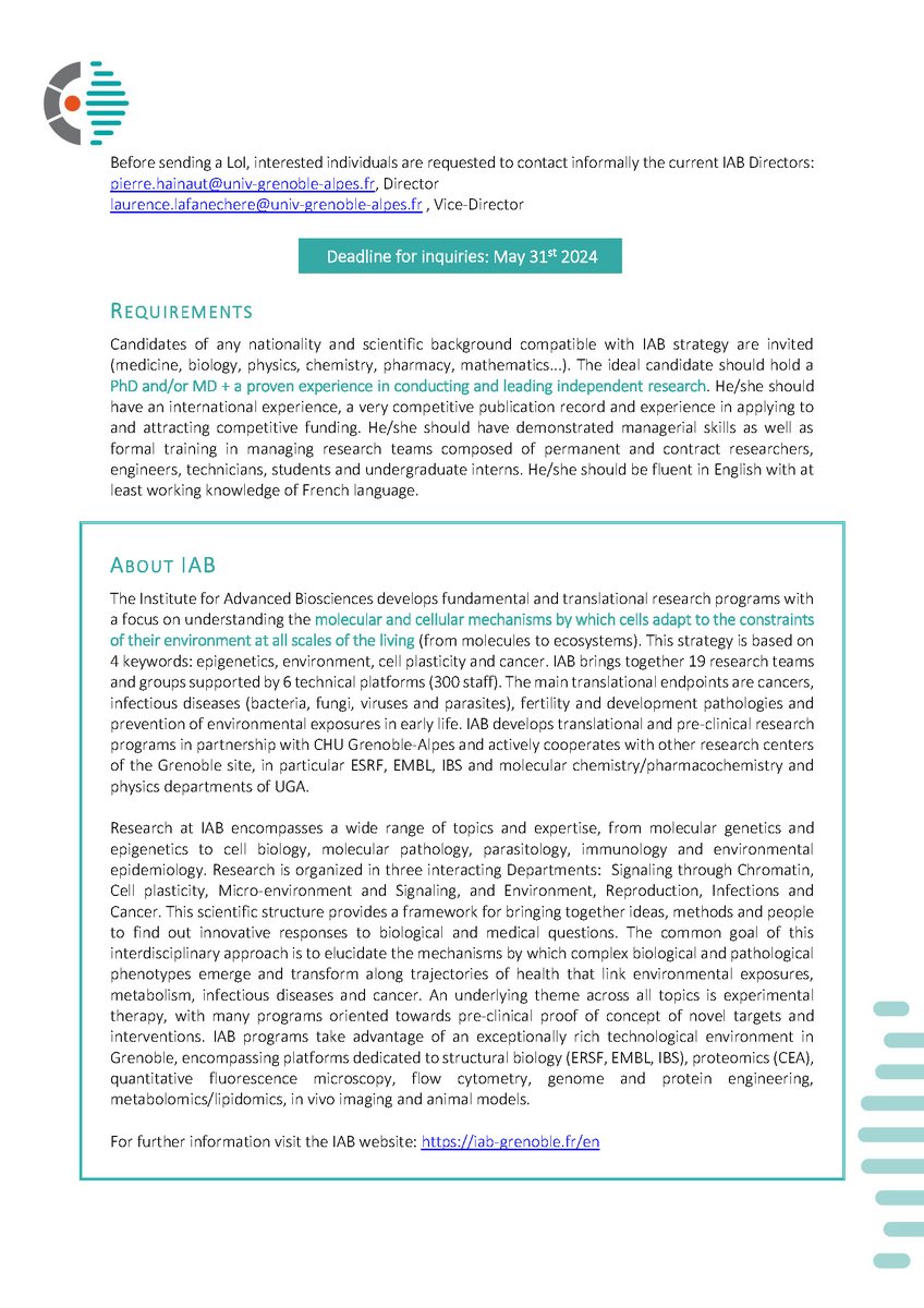 📢 | The IAB is inviting for declarations of interest for the position of #Director of the Institute for its next quinquennial program.
🗓️ Deadline for inquiries: May 31st 2024

More information on our website: iab-grenoble.fr/fr/actualites/…